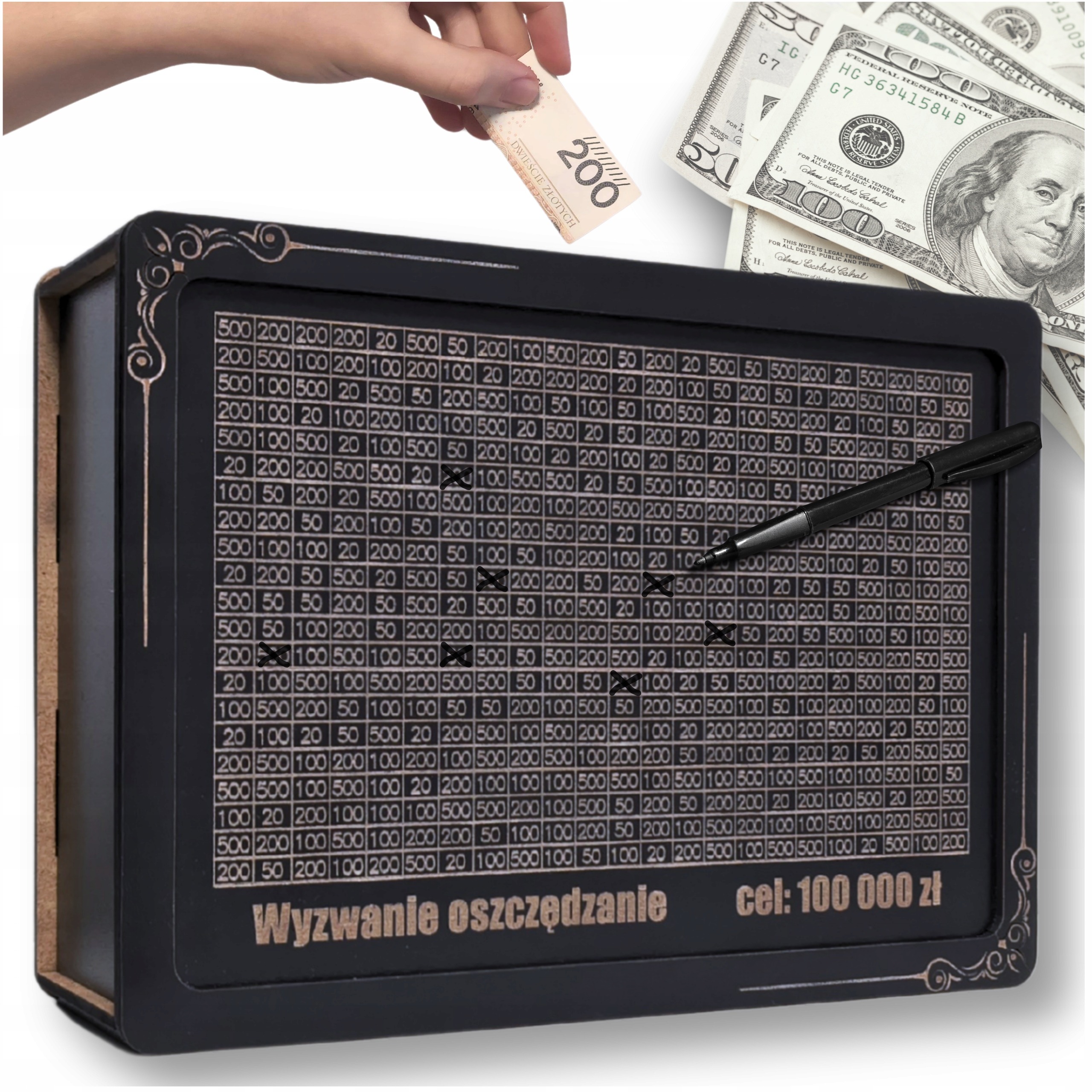 Czarna Skarbonka Wykreślana Wyzwanie Twój Napis Grawer Zmienna Duża Kwota