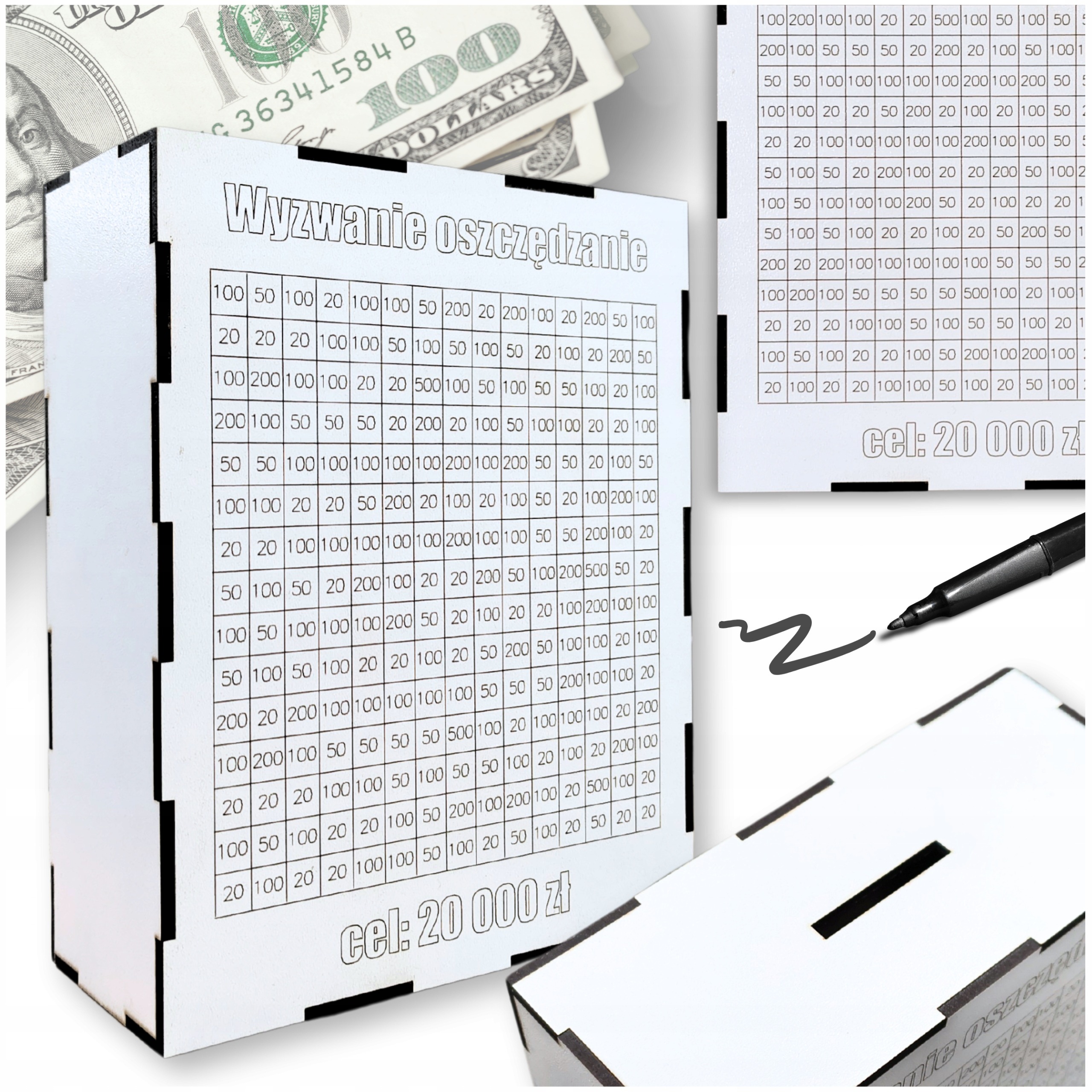 SKARBONKA WYKREŚLANA WYZWANIE PREZENT GRAWER ZMIENNA KWOTA WYZWANIA BIAŁA