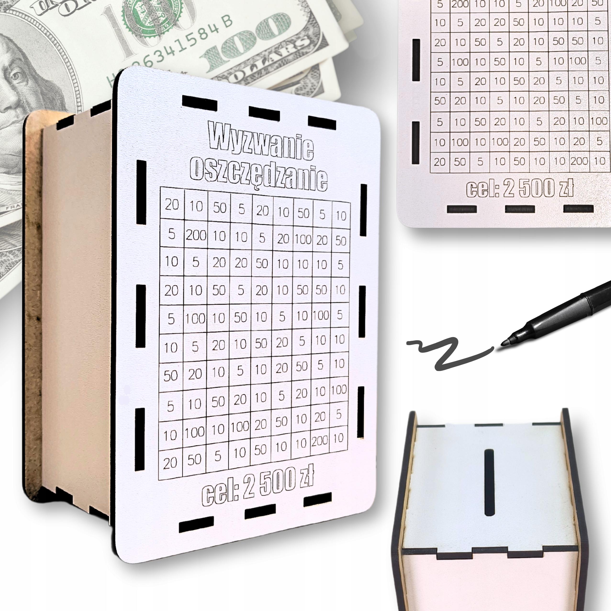 SKARBONKA WYKREŚLANA WYZWANIE DOWOLNY NAPIS ZMIENNA KWOTA WYZWANIA BIAŁA