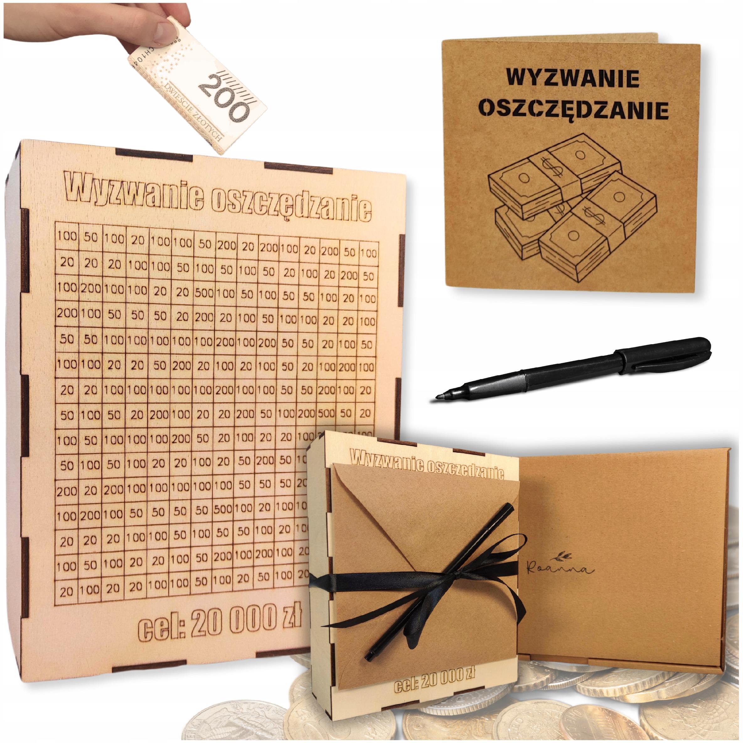 SKARBONKA WYKREŚLANA WYZWANIE PREZENT KARTKA Z ŻYCZENIAMI I MARKER GRATIS